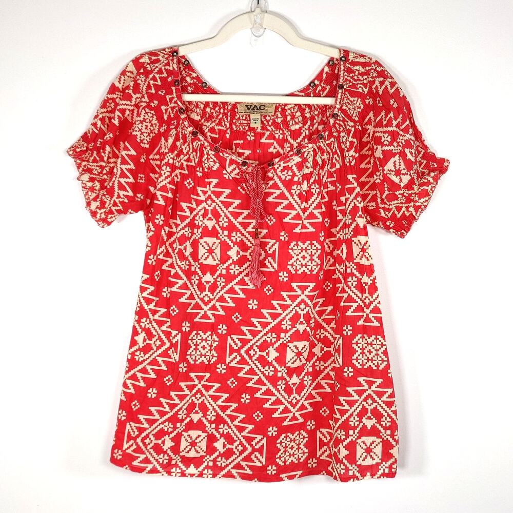 Vintage American Collection Cotton Peasant Blouse Coral Pink Aztec Print Small